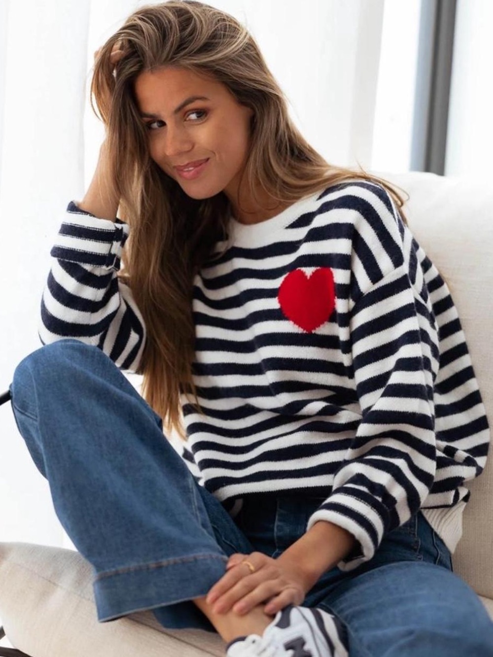 🔹 Striped Navy & White Crewneck Sweater with Red Heart